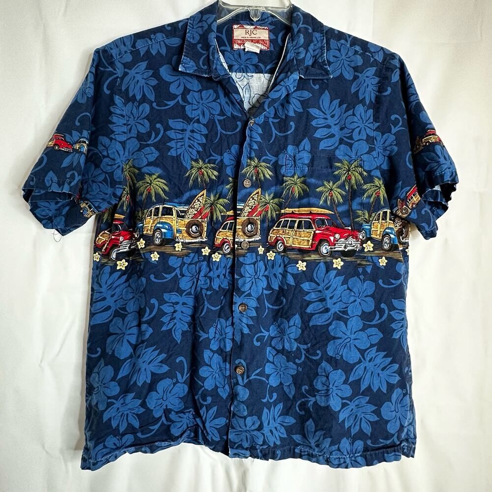 RJC Hawaiian Shirt with Cars & Surfboards Size L 100% Cotton - Vintage